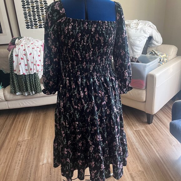 Baltic Born Navy Long Sleeve Midi Dress with Small Pink Floral Print - Picture 2 of 4